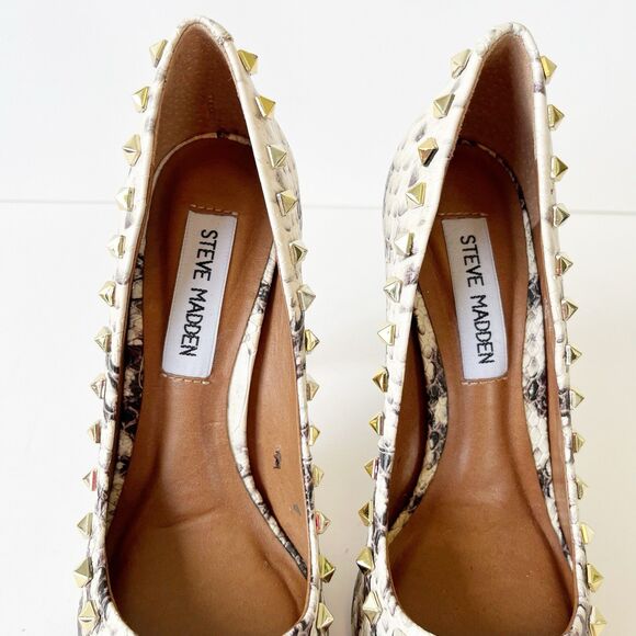 Steve Madden Proto Python Studded Leather Heels Pumps Pointed Toe Cream Size 5.5 - Picture 10 of 13